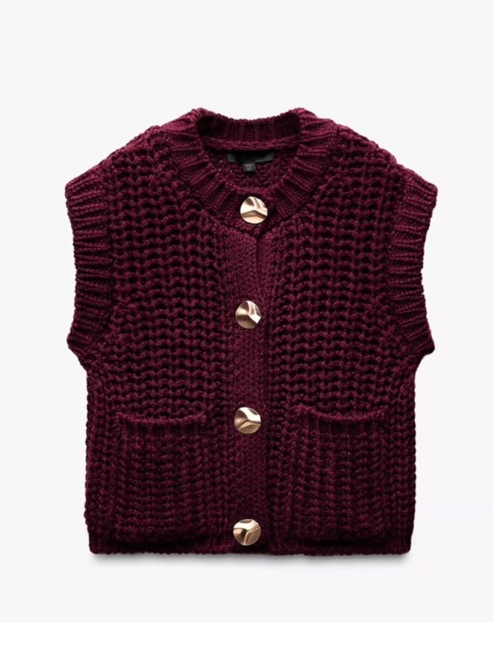 Zara Burgundy Chunky Knit Vest with Gold Buttons